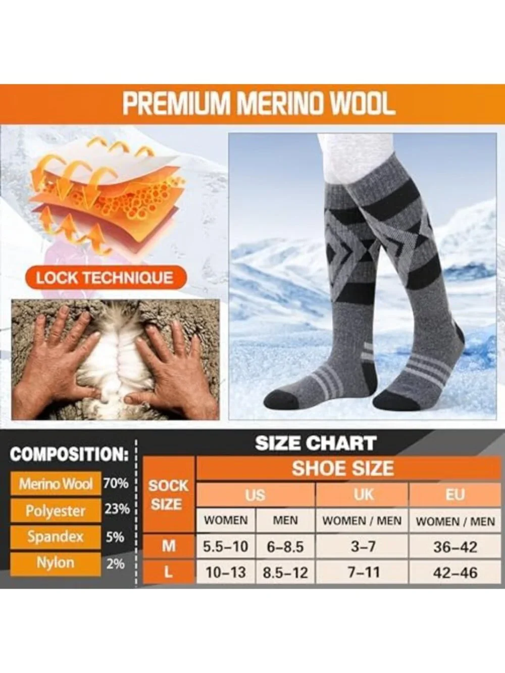 3 Pairs Thermal Merino Wool Ski Socks - Warm Thick Knee High for Winter Sports